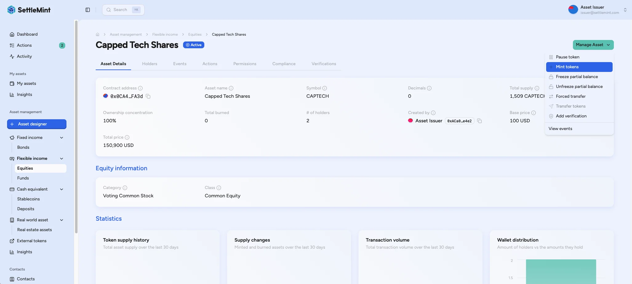 Manage Asset menu with Mint tokens