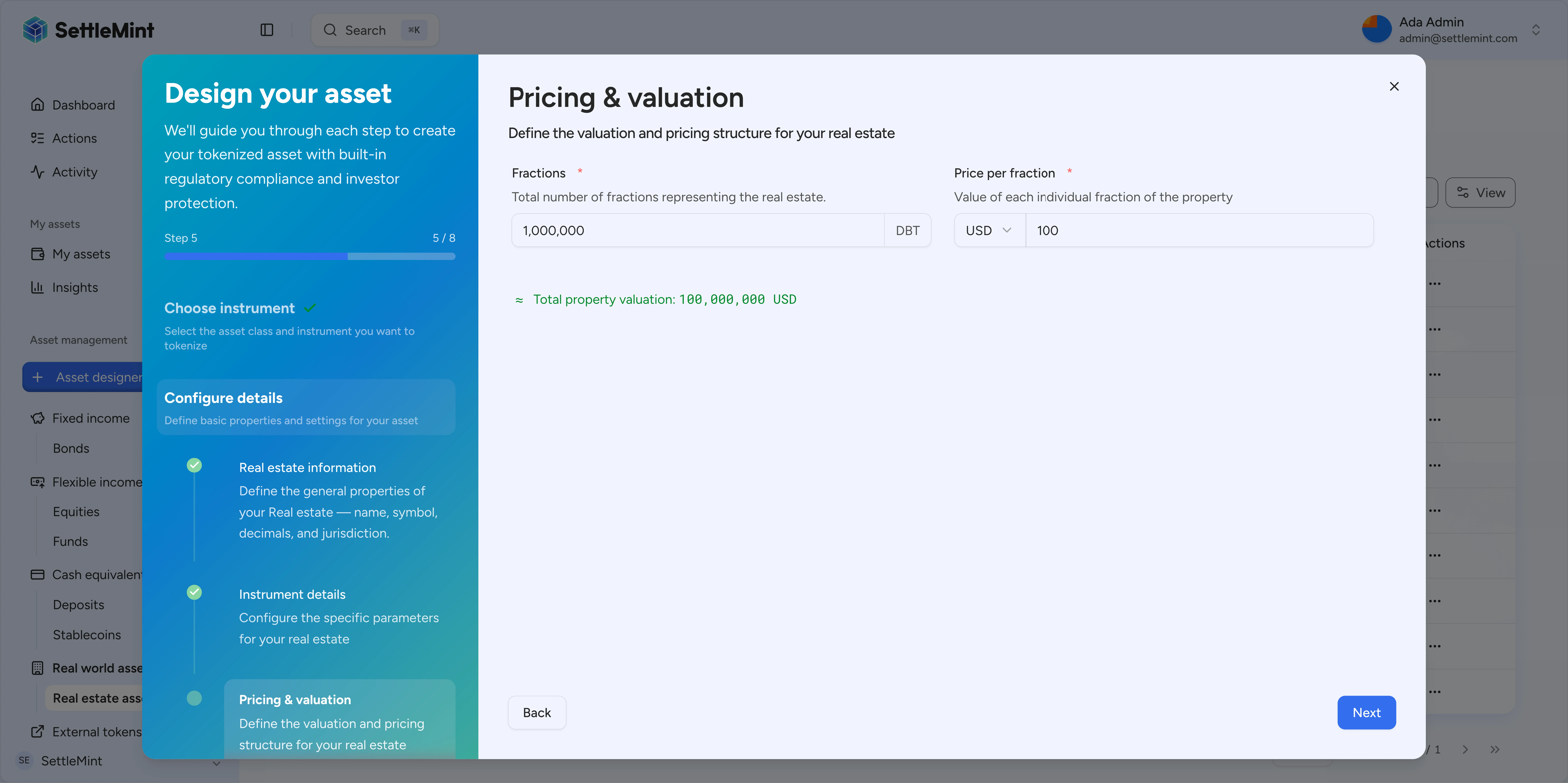 Pricing configuration captures base price, total valuation, and fee structures.