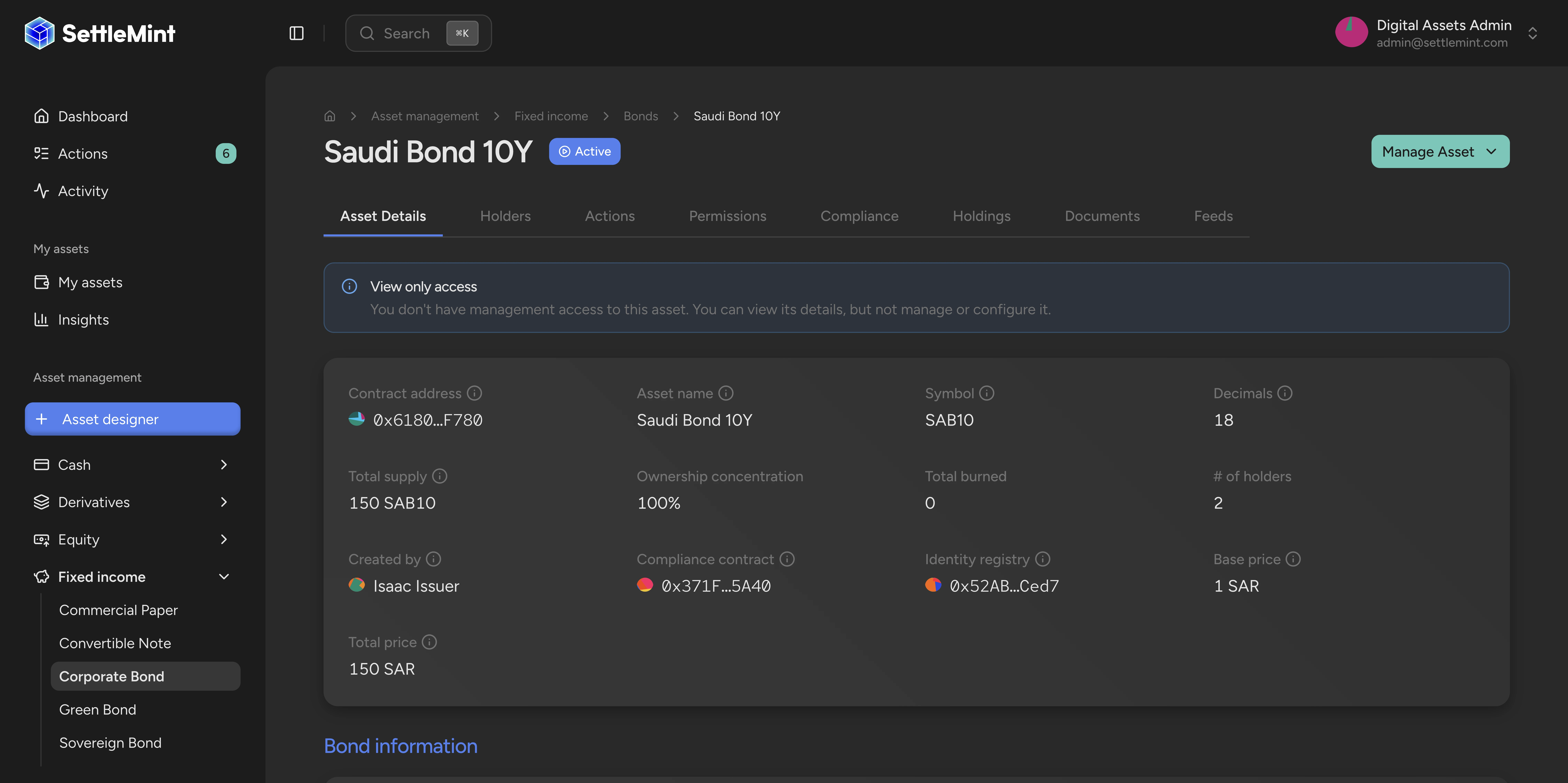 Asset contract details showing on-chain parameters