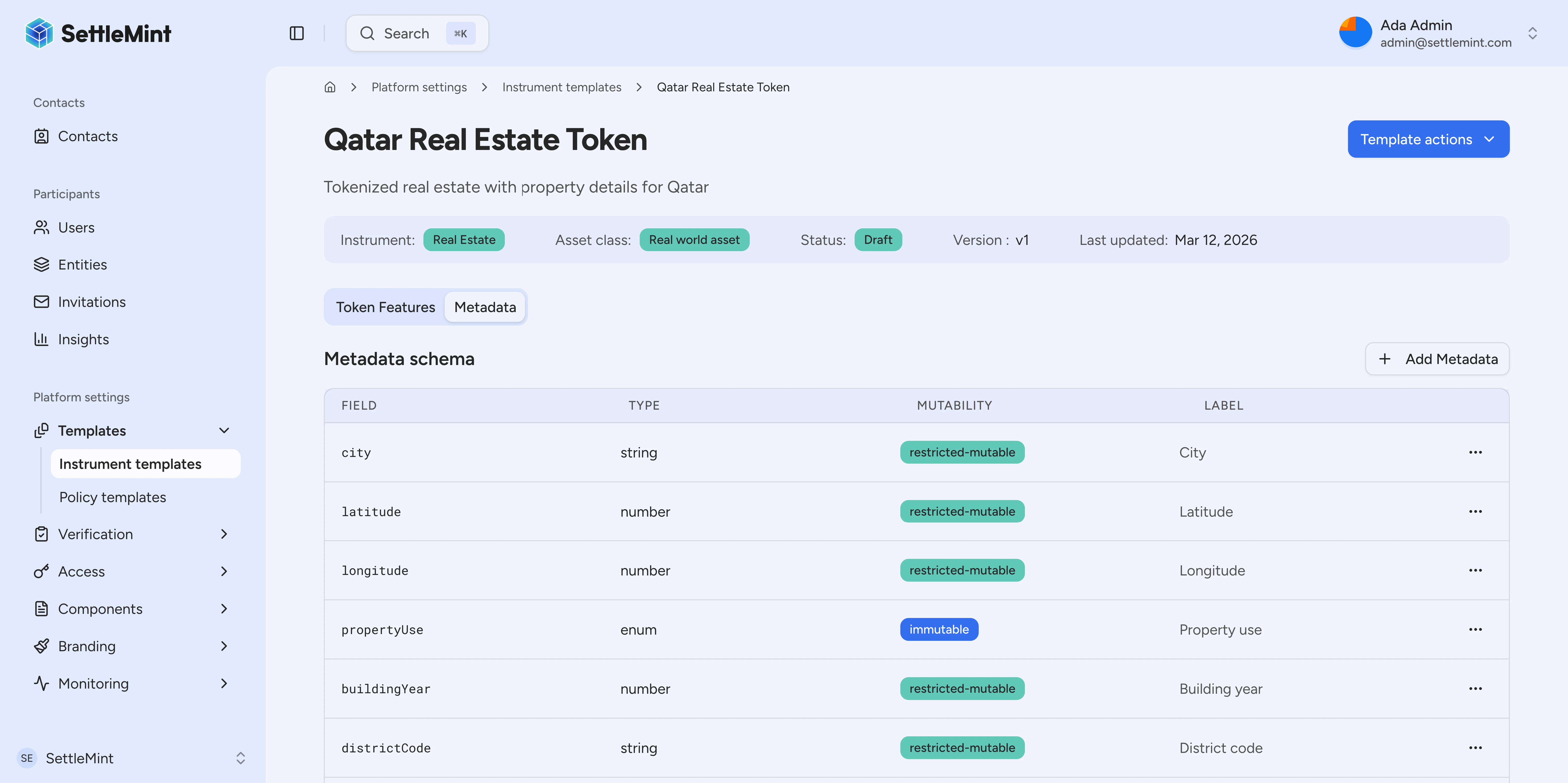 Custom instrument metadata schema for asset-specific fields