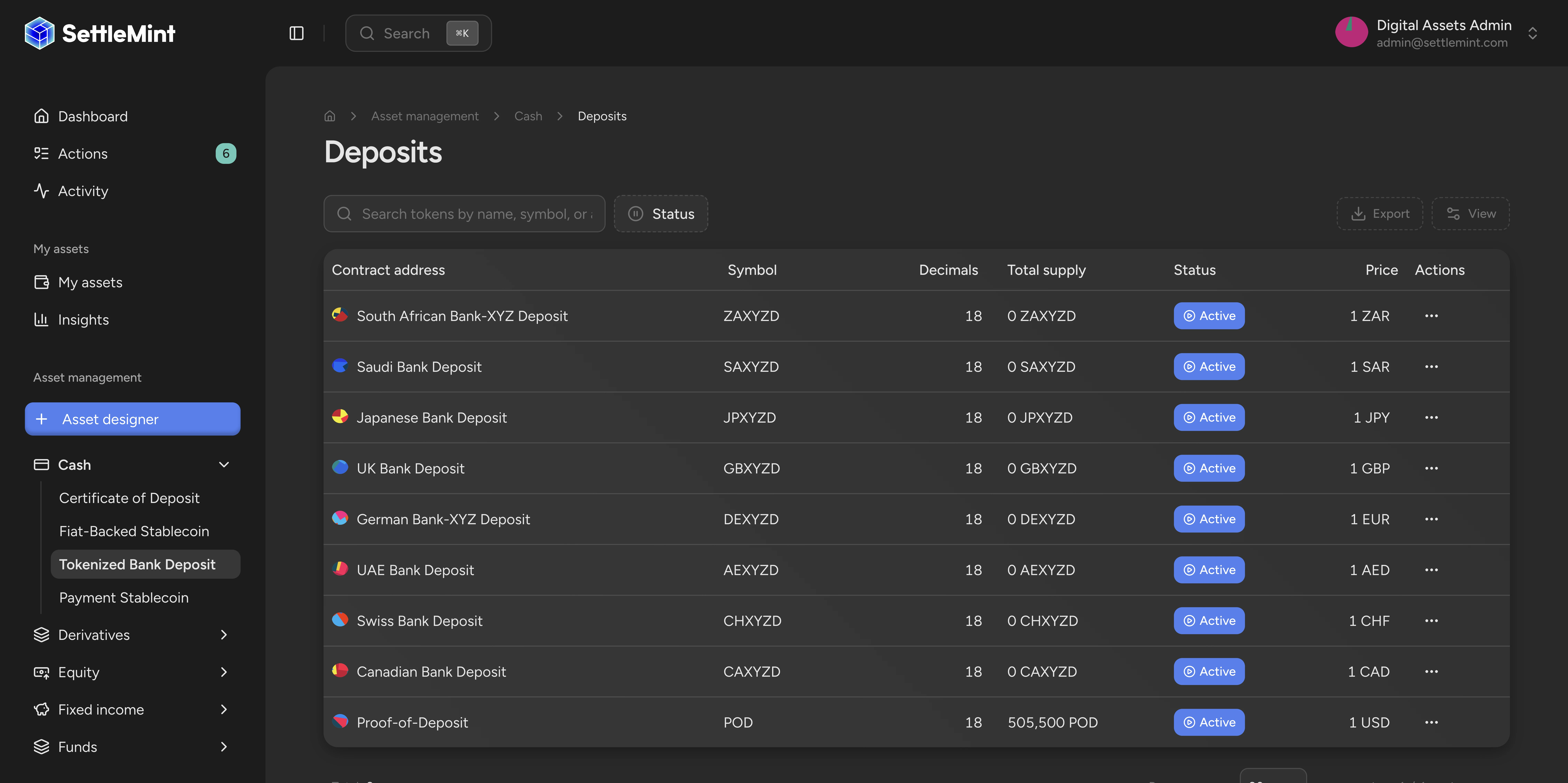 Tokenized deposits listing