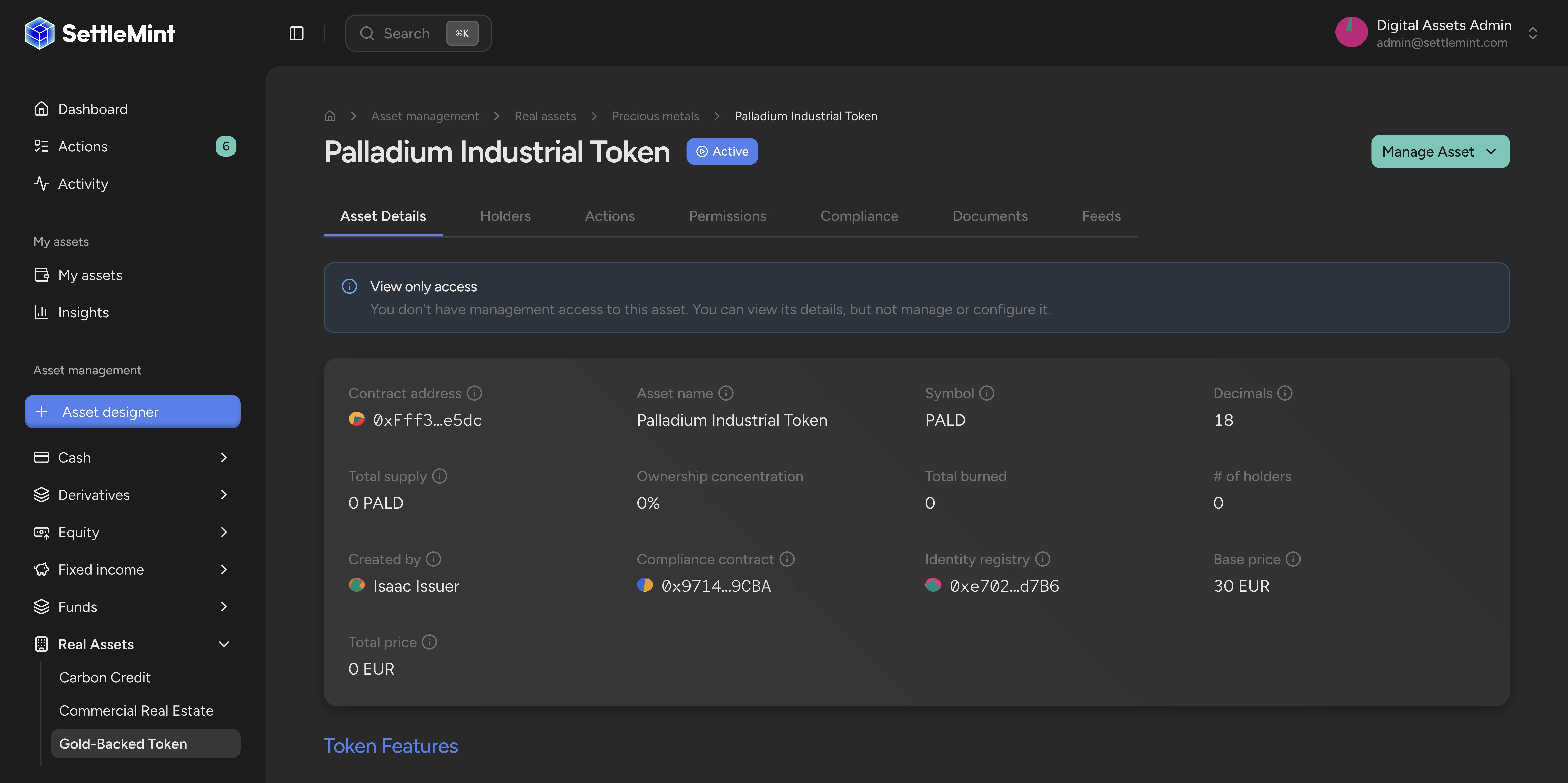 Asset detail views surface precious metal metadata when available.